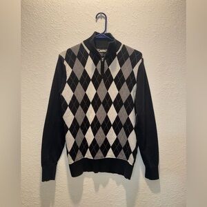 Carbon Black and White Argyle Zip-Up Sweater